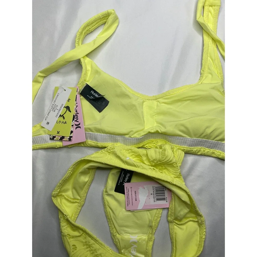 Hurley Crochet Soft Strap Bikini Set Yellow Cheeky Coverage Swimsuit size S - Picture 4 of 4